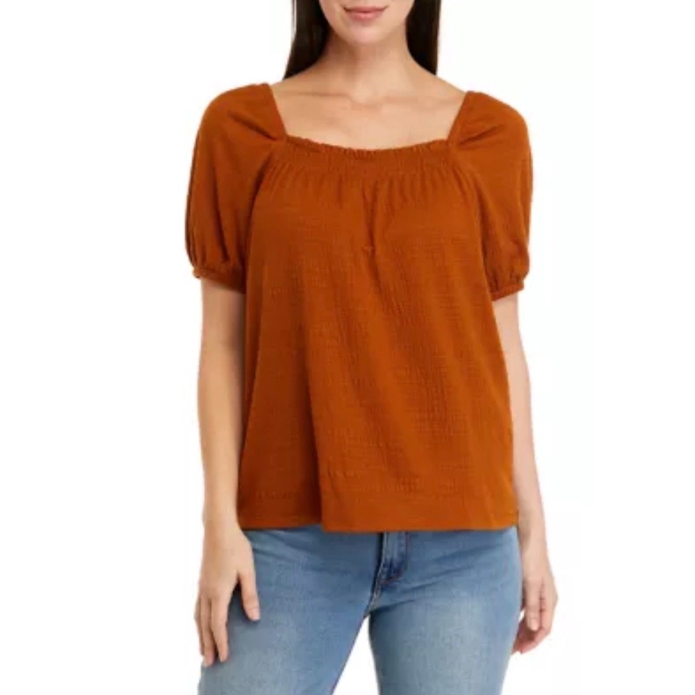 Wonderly Womens Rust Orange Smocked Square Neck Puff Sleeve Peasant Top XL